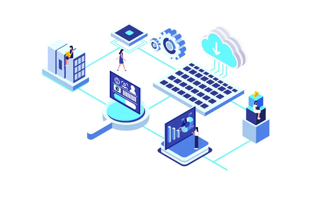 オフィスの会議テーブルを囲んで打ち合わせをしている4人のビジネスパーソン。ノートパソコンやタブレットを使いながら、メモを取ったり意見交換をしている様子。